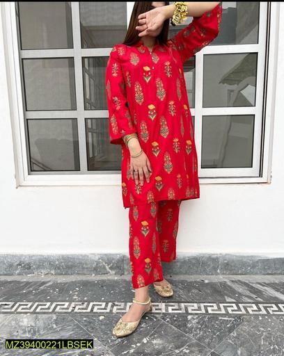 2 Pcs Women's Stitched Linen Printed Suit