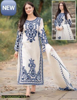 3 Pcs Women's Stitched Organza Embroidered Suit