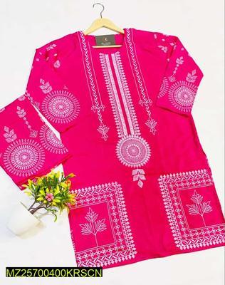 2 Pcs Women's Stitched Linen Printed Suit