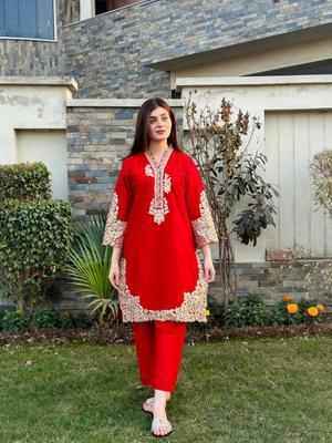 2 Pcs Women's Stitched Cotton Embroidered Shirt And Trouser