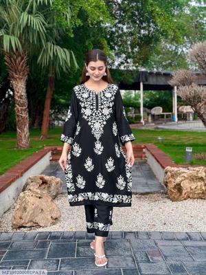 2 Pcs Women's Stitched Linen Chikankari Embroidered Shirt And Trouser