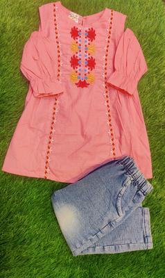 2 Pcs Girl's Cotton Lawn Embroidered Shirt And Denim Pants Set