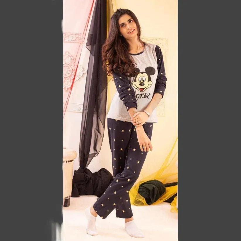 2 Pcs Women's Stitched Cotton Jersey Mickey And Star Printed Night Suit