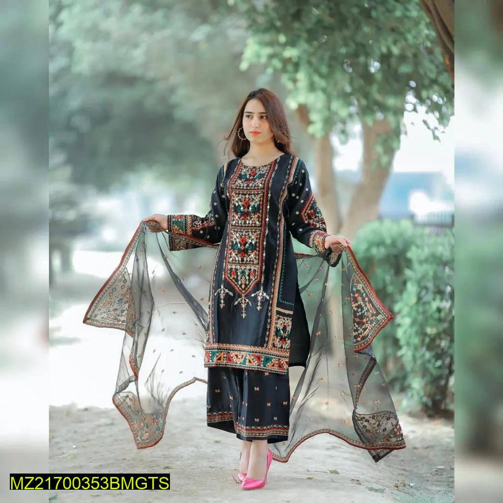 3 Pcs Women Stitched Organza Embroidered Suit