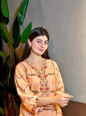 2 Pcs Women's Stitched Cotton Embroidered Shirt And Trouser