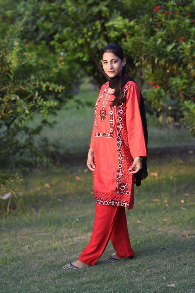 2 Pcs Women's Stitched Cotton Embroidered Shirt And Trouser