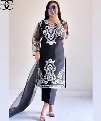 3 Pcs Women's Stitched Organza Embroidered Suit