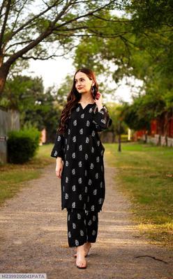 2 Pcs Women's Stitched Linen Block Printed Shirt And Trouser