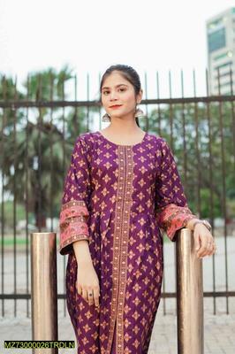 2 Pcs Women's Stitched Katan Silk Printed Suit