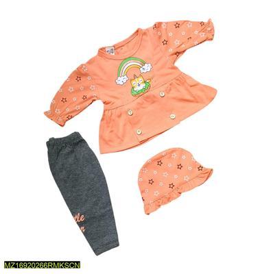 3Pcs Baby Girl Cotton Printed Frock And Trouser Set