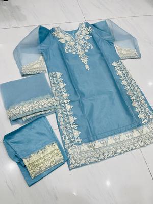 3 Pcs Women's Stitched Organza Embroidered Suit