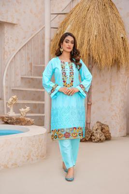 2 Pcs Women's Stitched Cotton Lawn Embroidered Shirt And Trouser