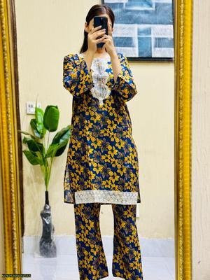 2 Pcs Women's Stitched Lawn Embroidered Shirt And Trouser