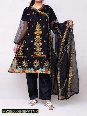 3 Pcs Women's Stitched Organza Embroidered Suit