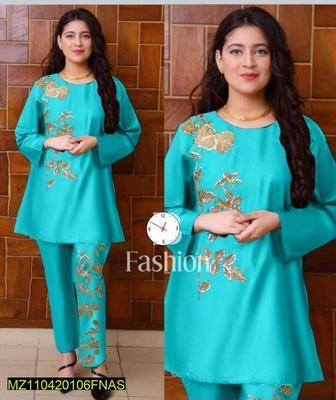 2 Pcs Women's Stitched Linen Zari Tilla Embroidered Shirt And Trouser