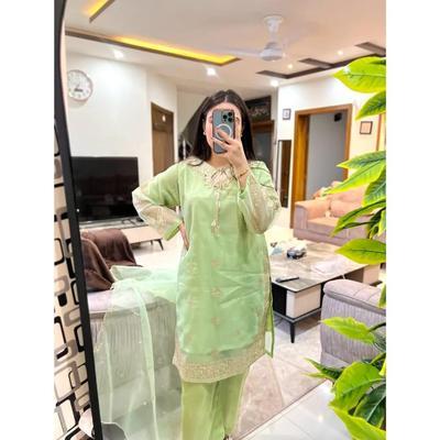 3 Pcs Women's Stitched Organza Embroidered Suit