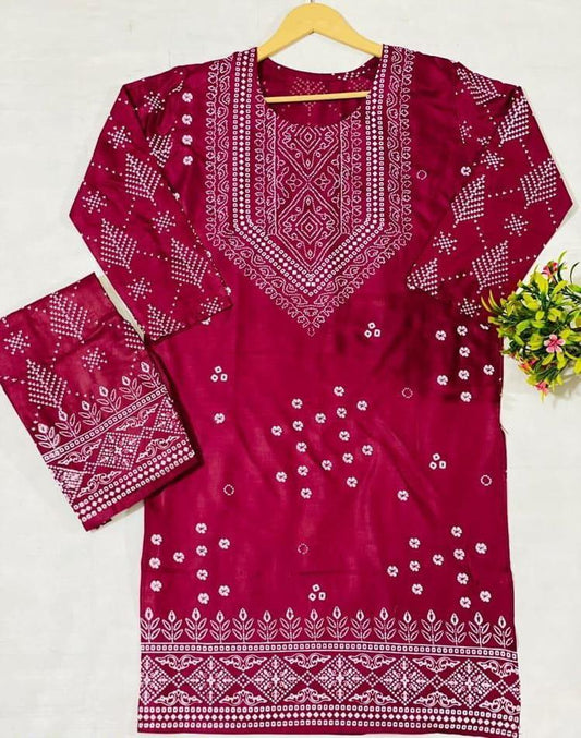 2 Pcs Women's Stitched Arabic Linen Printed Shirt And Trouser