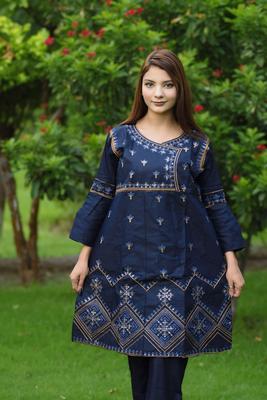 2 Pcs Women's Stitched Cotton Embroidered Shirt And Trouser