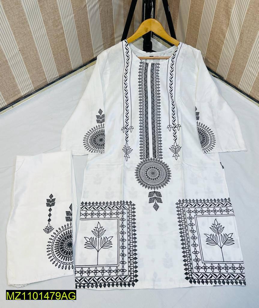 2 Pcs Block Printed Linen Stitched Suit