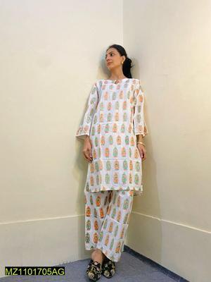 2 Pcs Women's Stitched Linen Block Print Suit