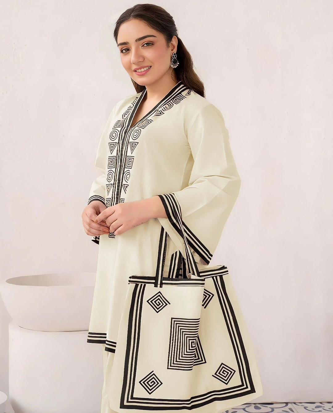 3 Pcs Women's Stitched Linen Printed Suit With Handbag