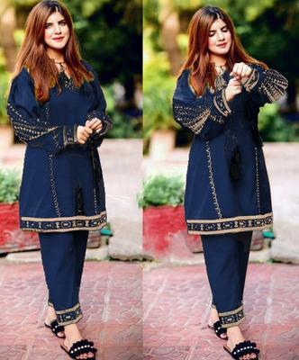 2 Pcs Women's Stitched Katan Silk Embroidered Shirt And Trouser