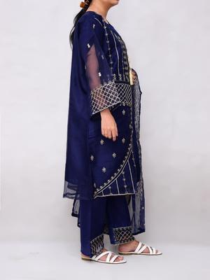 3 Pcs Women's Stitched Organza Embroidered Suit