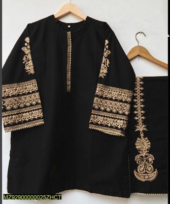 2 Pcs Women's Stitched Katan Silk Embroidered Suit