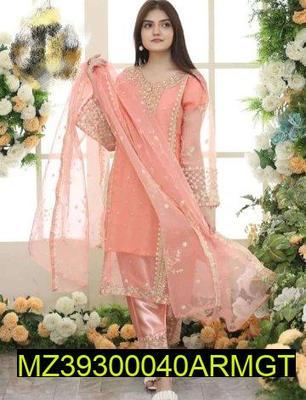 3 Pcs Women's Stitched Organza Embroidered Suit