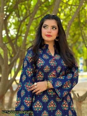 2 Pcs Women's Stitched Arabic Linen Block Printed Shirt And Trouser