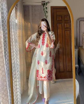 3 Pcs Women's Stitched Organza Embroidered Suit