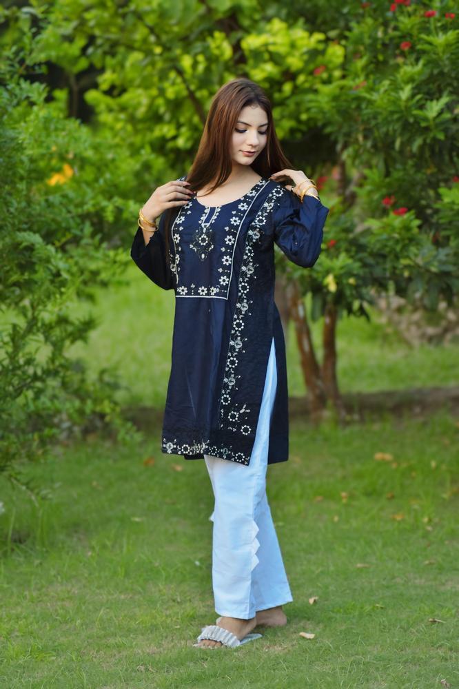 2 Pcs Women's Stitched Cotton Embroidered Shirt And Trouser