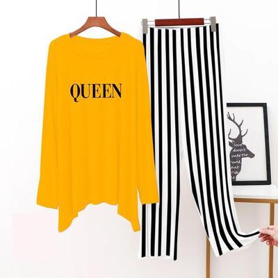 2 Pcs Women's Stitched Jersey Printed Sleepwear, Yellow Queen