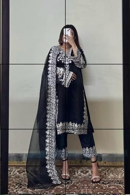 3 Pcs Women's Stitched Organza Embroidered Suit