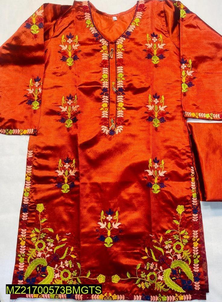 2 Pcs Women's Stitched Silk Embroidered Suit