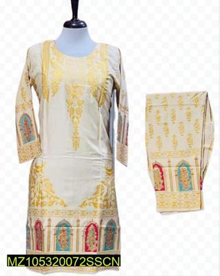 2 Pcs Women's Stitched Arabic Linen Block Printed Suit