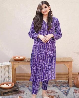 2 Pcs Women's Stitched Linen Block Printed Shirt And Trouser