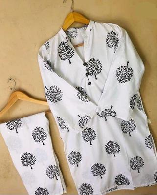 2 Pcs Women's Stitched Linen Block Printed Shirt And Trouser