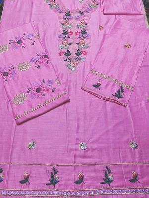 2 Pcs Girl's Linen Embroidered Shirt And Trouser Suit