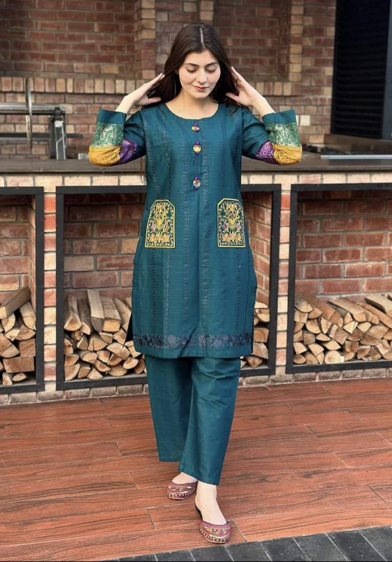 2 Pcs Women's Stitched Cotton Embroidered Shirt And Trouser