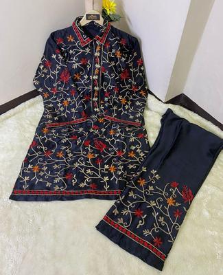 2 Pcs Women's Stitched Shamoz Silk Embroidered Shirt And Trouser