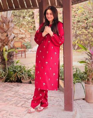 2 Pcs Women's Stitched Cotton Embroidered Shirt And Trouser