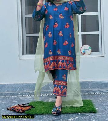 2 Pcs Women's Stitched Linen Block Print Suit