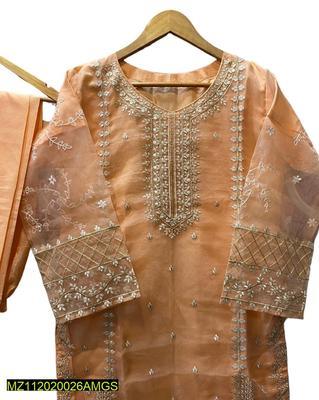 3 Pcs Women's Stitched Organza Embroidered Suit