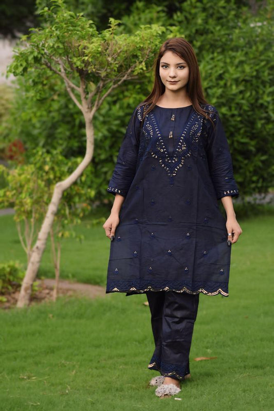 2 Pcs Women's Stitched Cotton Sequins Embroidered Shirt And Trouser