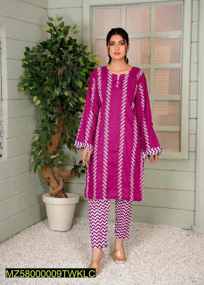 2 Pcs Women's Stitched Linen Printed Suit