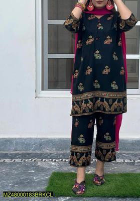 2 Pcs Women's Stitched Linen Printed Suit