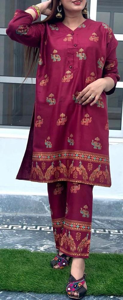 2 Pcs Women's Stitched Linen Printed Suit