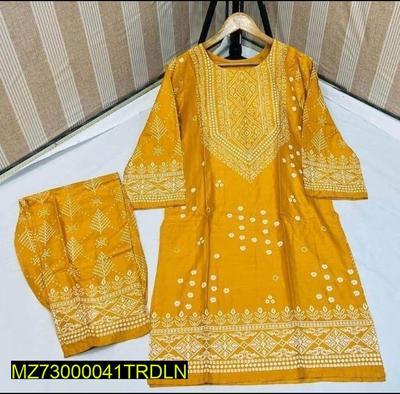 2 Pcs Women's Stitched Linen Printed Suit