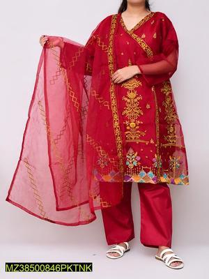 3 Pcs Women's Stitched Organza Embroidered Suit